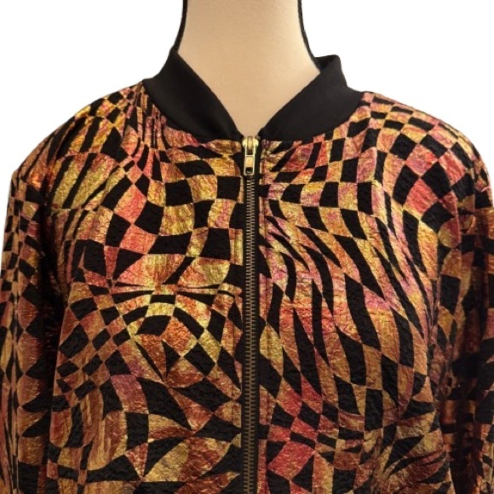 Vintage 80s Metallic womens Bomber Jacket Psychedelic Illusion Print Black Gold - Picture 3 of 11